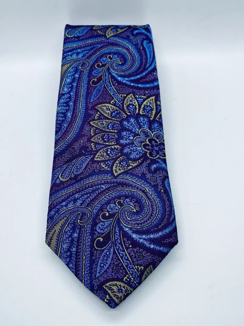 Ventura Tie Blue Purple All Over Paisley Flower Jacquard Silk Handmade in USA